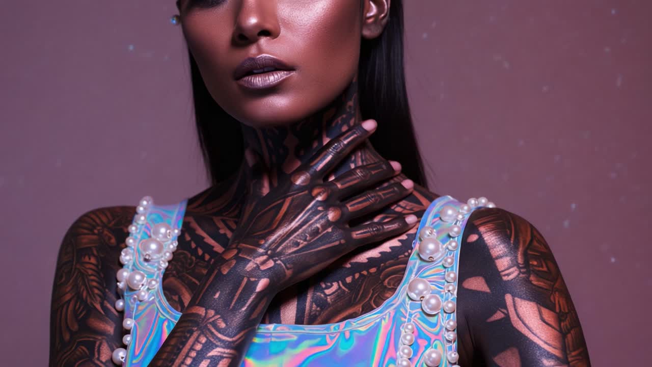 A Stunning Model Poses with Intricate Tattoos and a Shimmering Outfit; Captivating Beauty Merges with Artistry in a Dazzling Display of Style and Expression