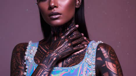 a stunning model poses with intricate tattoos and a shimmering outfit; captivating beauty merges with artistry in a dazzling display of style and expression