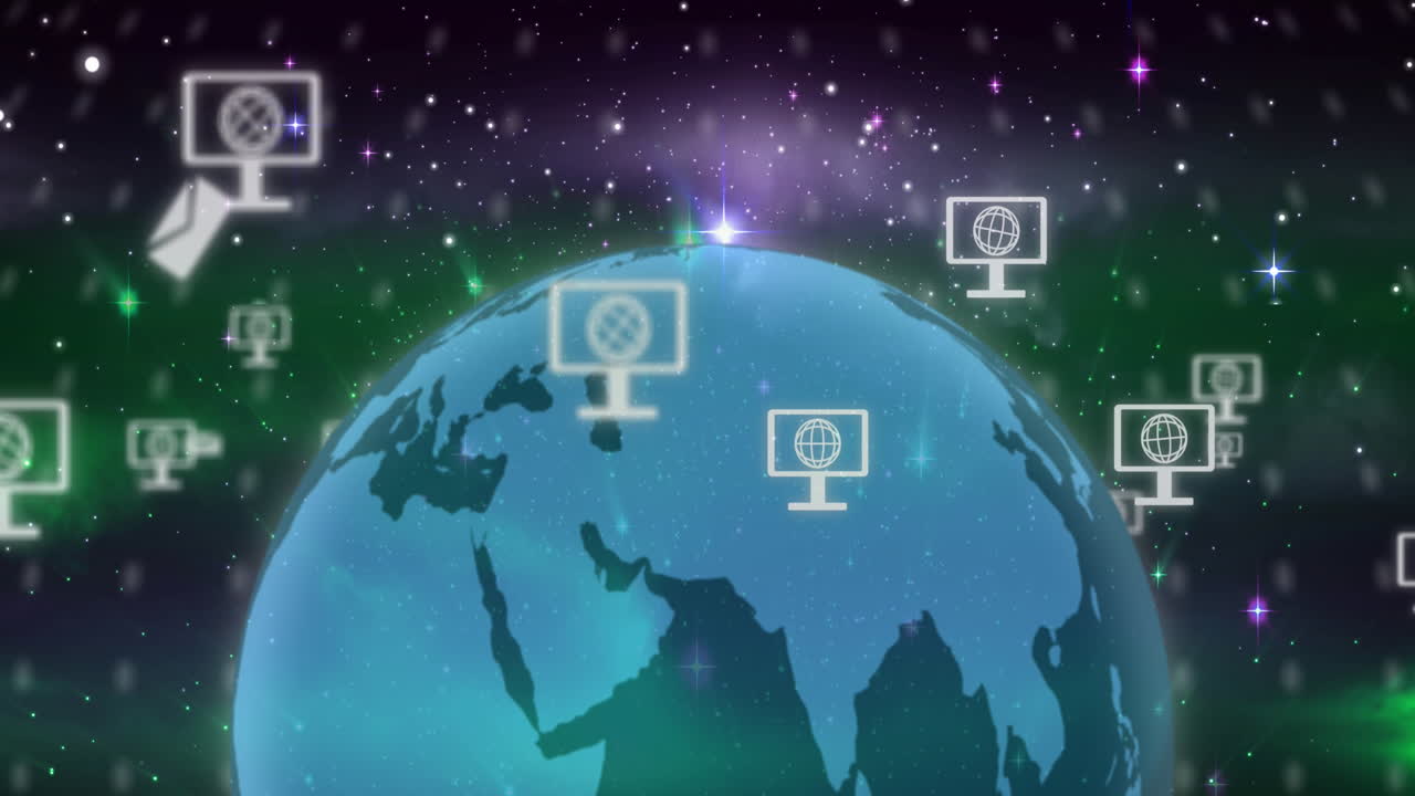 데이터 처리와 함께 아이콘, 연결 및 글로브의 애니메이션