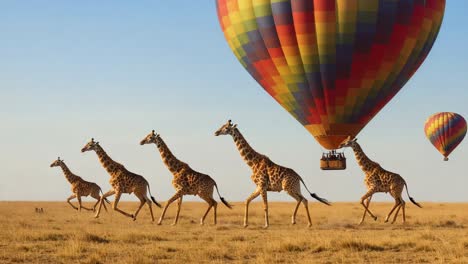 a colorful hot air balloon soars over grazing giraffes in a picturesque landscape of endless grasslands under a clear blue sky
