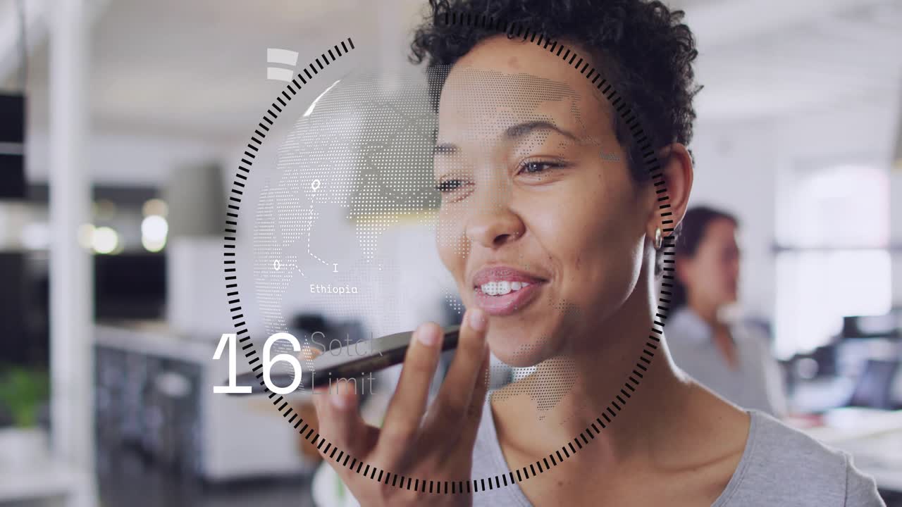 Woman raising phone to query in office, HUD over face showing numbers rising falling for reply