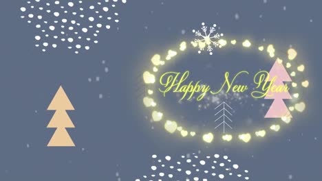 Happy-new-year-text-and-fairy-lights-over-snow-falling-on-christmas-tree-icons-and-abstract-shapes