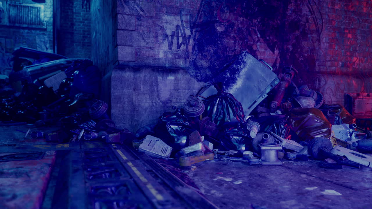 una pila de basura en un callejón oscuro