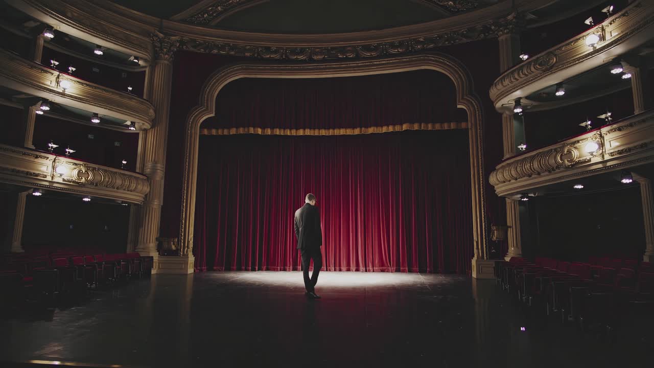 Man Standing on Stage of Old Theatre