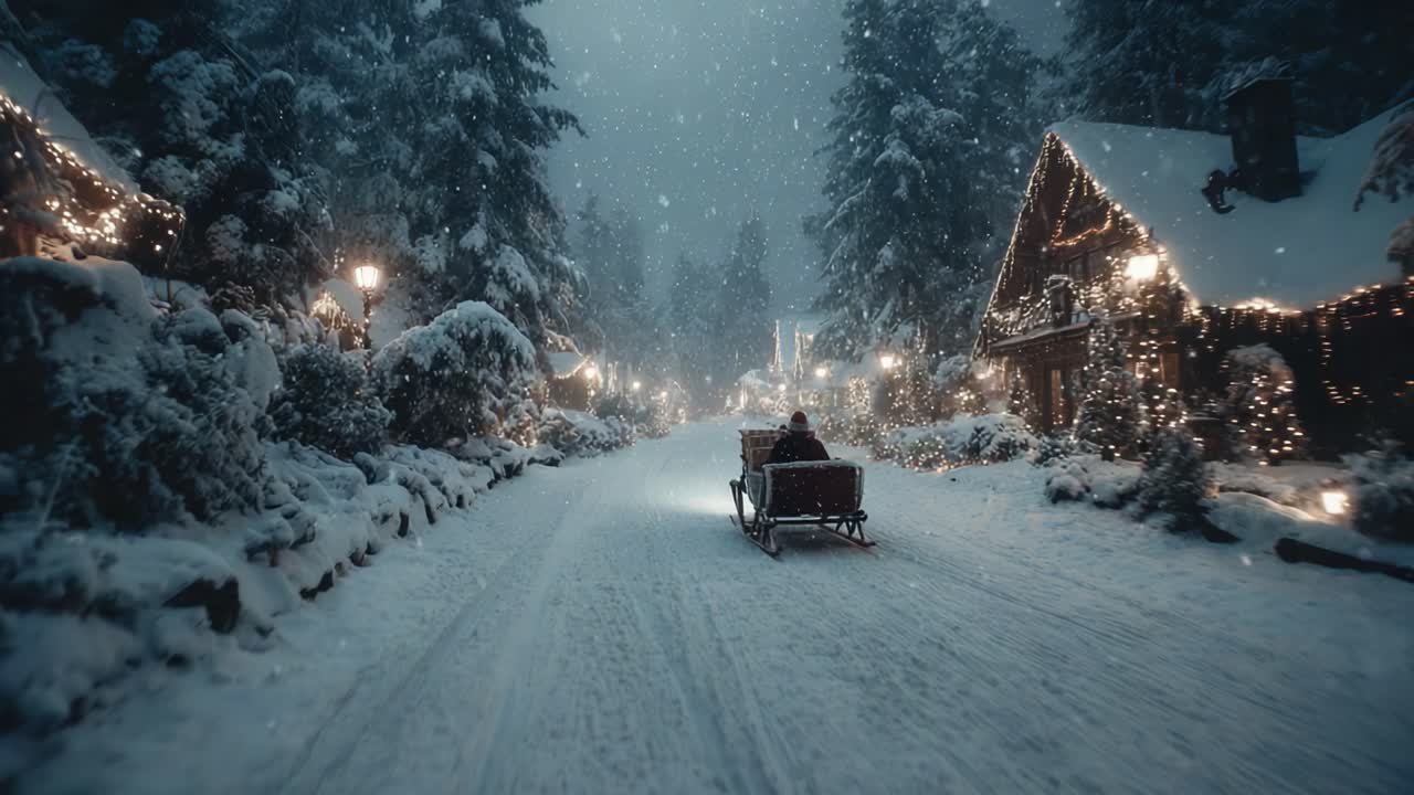 Enchanting Winter Wonderland: A Cozy Horse-Drawn Sleigh Gliding Through a Snow-Covered Village Awash in Sparkling Lights Under a Glistening Canopy of Snow-Laden Trees