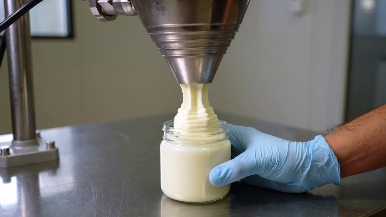 Nozzle dispensing cream into jar in prep room, worker steadying with blue nitrile glove for packing