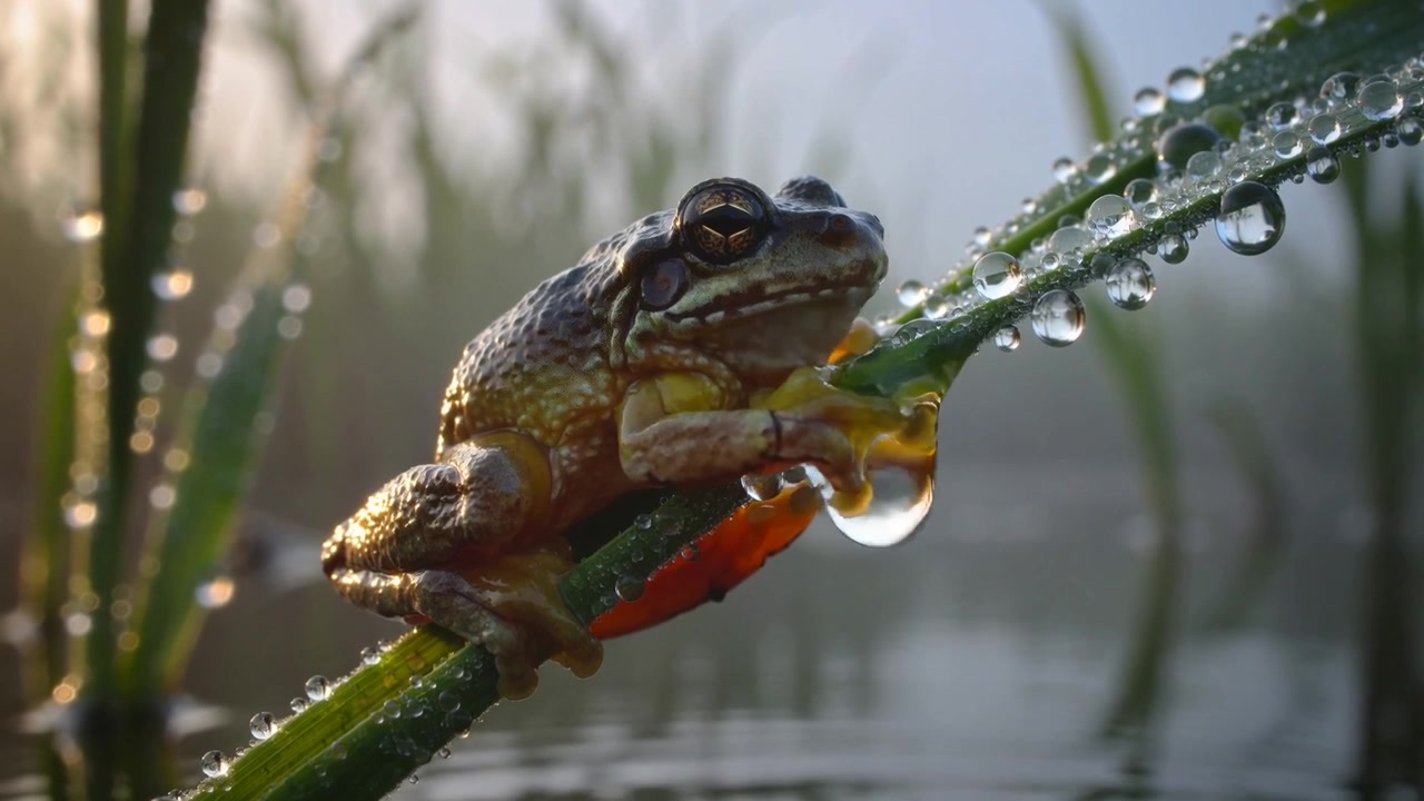 Adjusting mottled tree frog gripping diagonal reed above marsh as droplet elongating and detaching