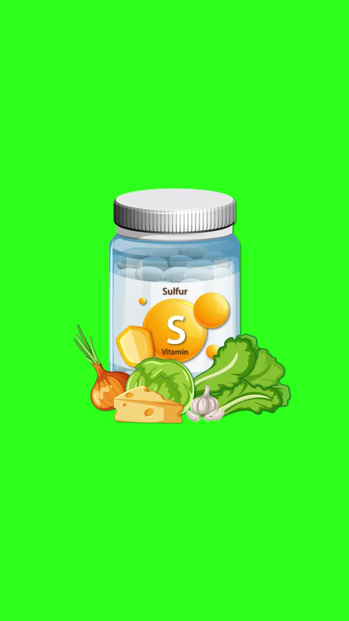 Flacone di vitamine allo zolfo con verdure che appaiono gradualmente, su sfondo verde brillante, inquadratura centrale fluida