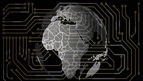 Animation-of-microprocessor-connections-over-spinning-globe-against-black-background