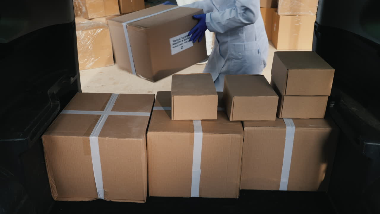 los transportistas con trajes protectores cargan cajas de cartón con medicamentos en el automóvil 1