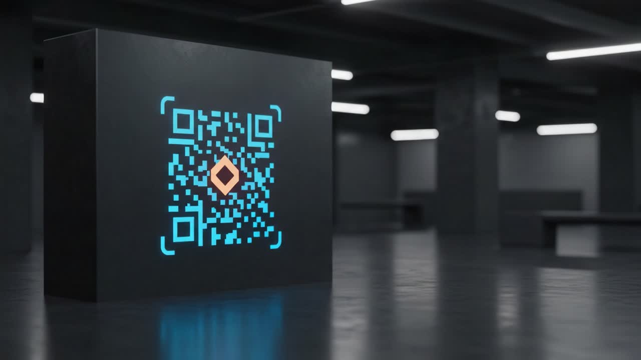 A display featuring a QR code in a modern, dimly lit environment, showcasing digital connectivity and technology within a sleek, contemporary space