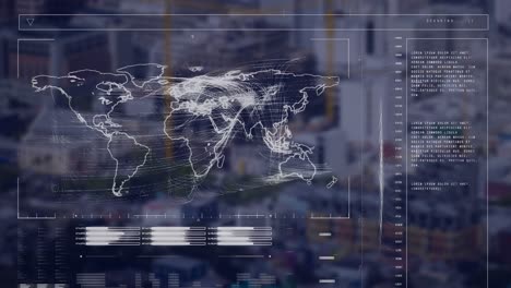 Animation-of-loading-bars,-map-and-wave-pattern-over-modern-city-in-background