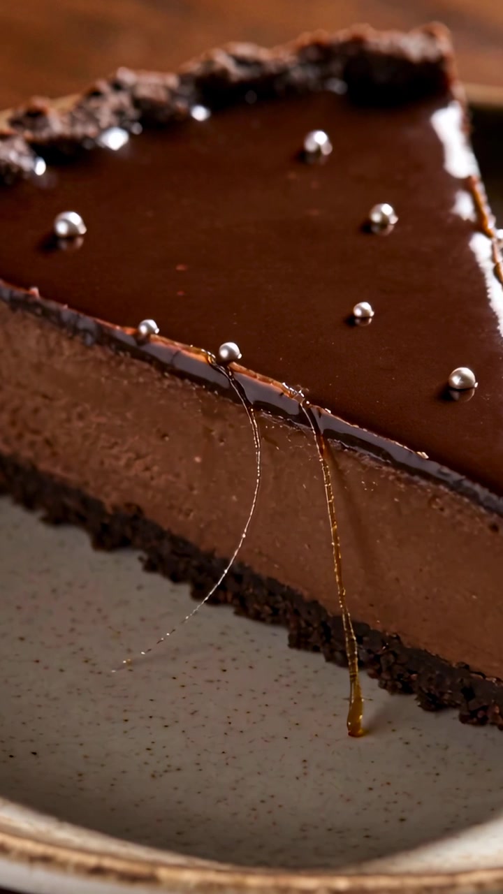 Vertical video: Forming caramel thread choc tart stretching on table droplet hanging with dragees