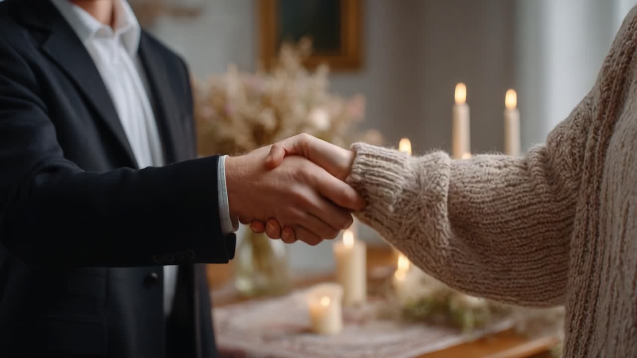 A Gentle Handshake Between Two Individuals Signifying Agreement, Connection, and Understanding Amidst a Warm, Candlelit Ambiance in a Cozy Setting
