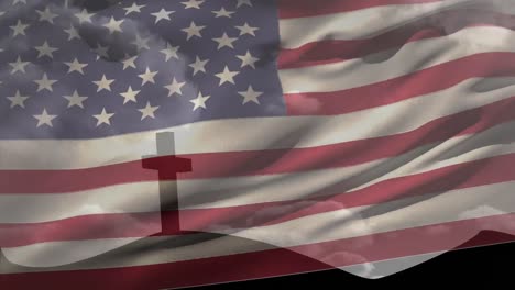 animation of waving usa flag against silhouette of a cross on mountain against clouds in the sky