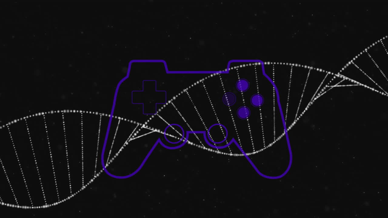 DNA strand intertwining with game controller outline on black background animation