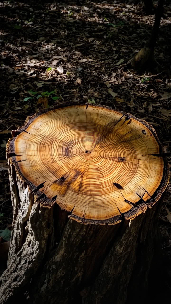 Close-up of a Tree Stump with Visible Growth Rings in a Forest