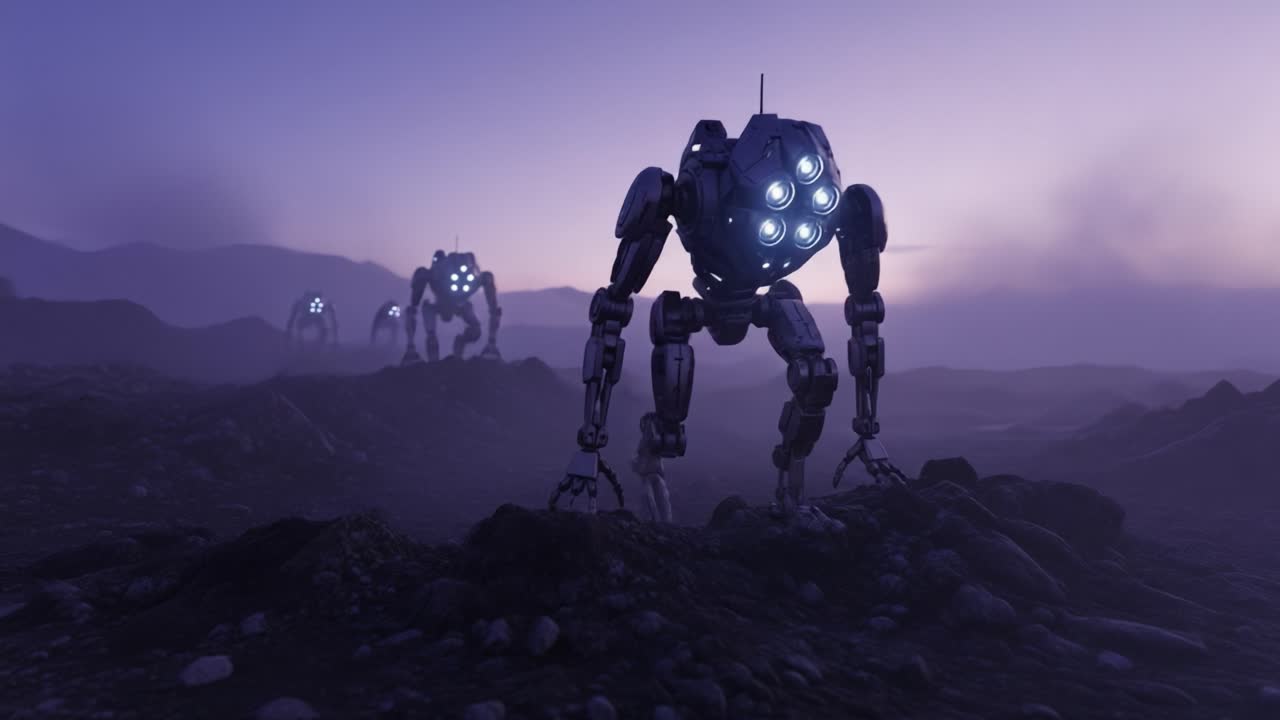 Exploring an Alien Landscape: A Group of Futuristic Robots Navigate the Rugged Terrain Under a Mysterious Twilight Sky