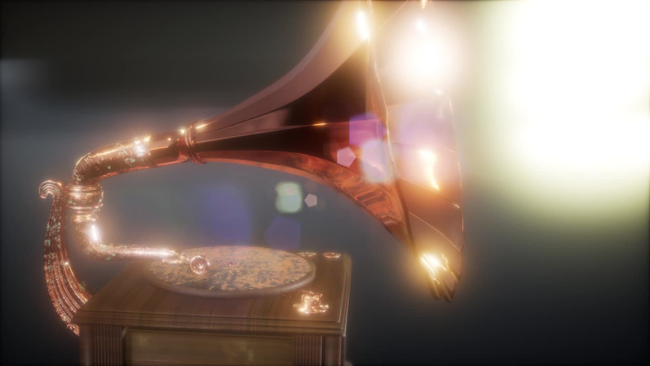 레트로 테크놀로지로 어두운 곳에서 빈티지 그라모폰을 연주합니다.