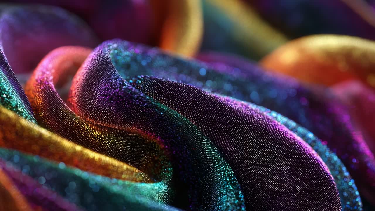 Captivating Close-Up of Vibrant Textile Waves Showcasing Iridescent Colors and Luxurious Texture in a Mesmerizing Multicolored Fabric Display