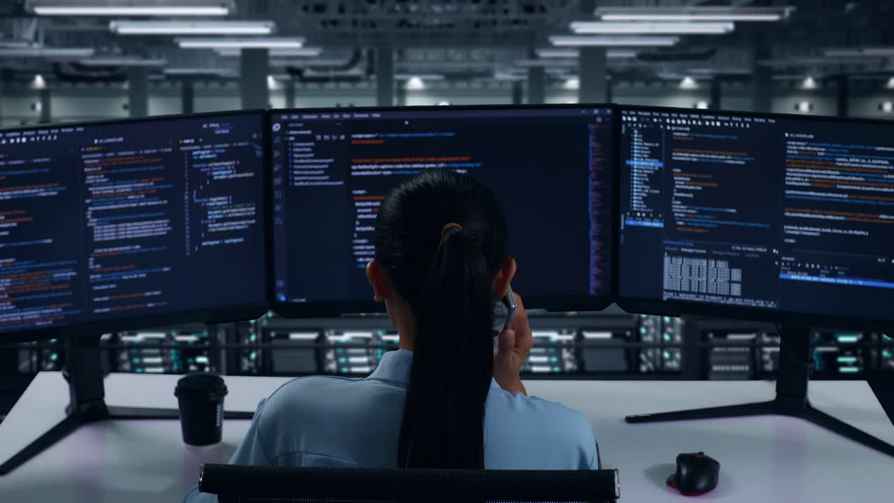 vista trasera de una desarrolladora asiática hablando en teléfono móvil mientras escribe código con múltiples pantallas de computadora en un centro de datos