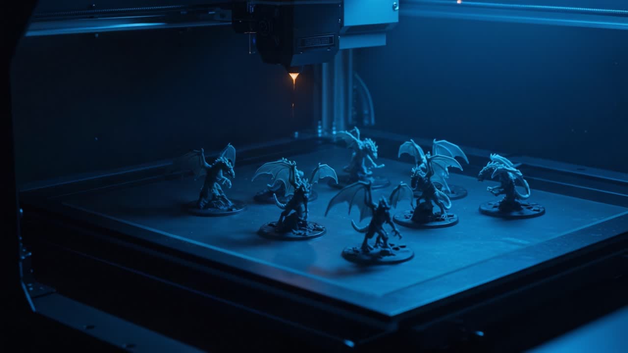 Intricate 3D Printing Process of Detailed Dragon Miniatures Under Blue Lighting in a High-Tech Maker Space