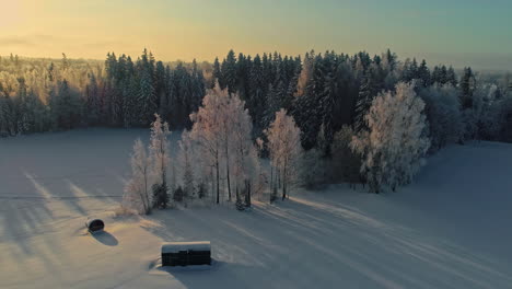 Vista-Aérea-De-La-Cabaña-Thermowood-Y-Sauna-Cerca-Del-Bosque-En-Invierno-Al-Atardecer