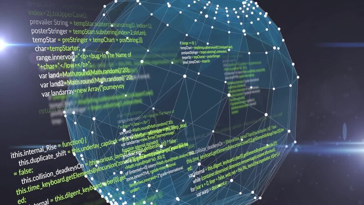 Animation of data processing over globe of connections on black background
