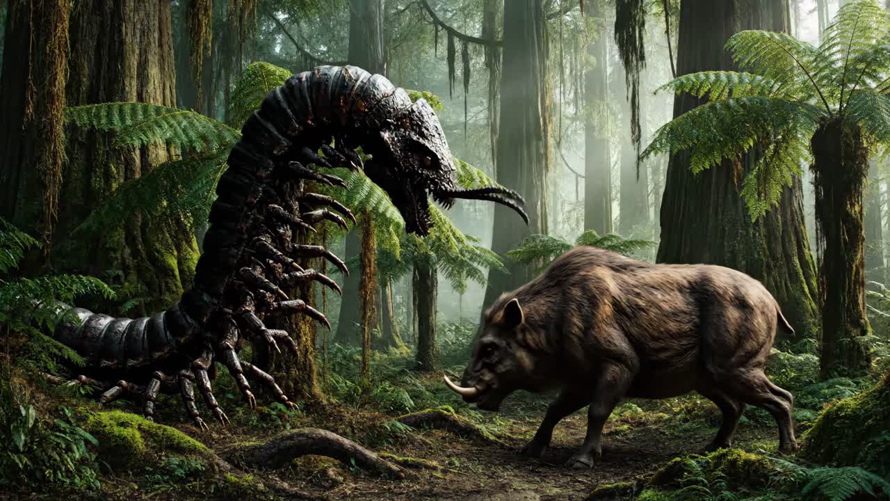 Monster Confronts Boar in Prehistoric Forest