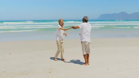 side view of romantic active senior african american couple dancing together on the beach 4k