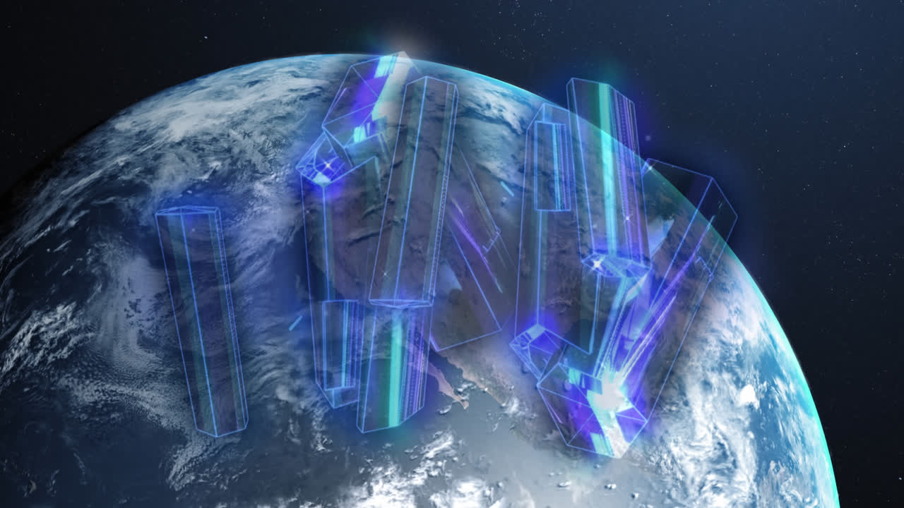 анимация синих светящихся блоков над земным шаром на синем фоне