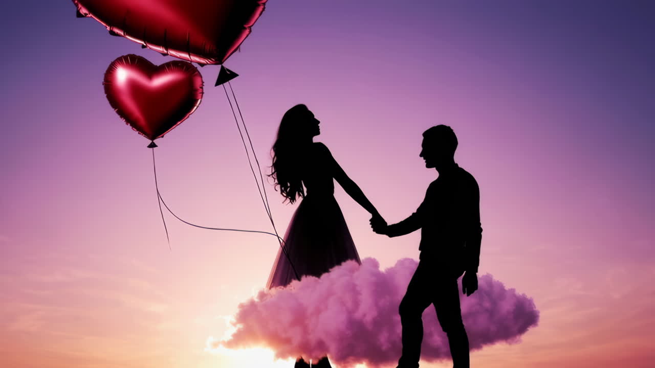 Romantic Silhouettes on a Dream Cloud with Heart Balloons