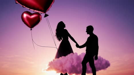 romantic silhouettes on a dream cloud with heart balloons