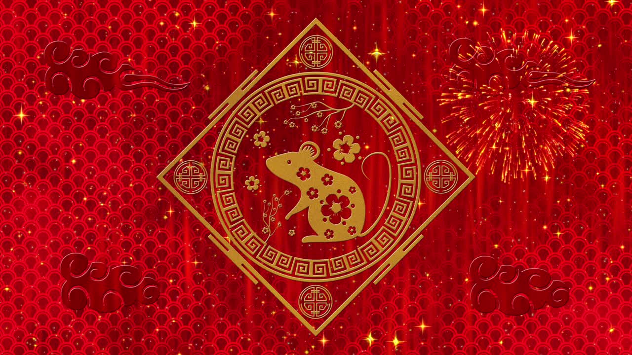 año nuevo lunar, fondo del festival de primavera con rata dorada, sakura, brillante patrón de dragón de seda. telón de fondo de papel rojo del año nuevo chino para el evento de vacaciones. animación de renderización 3d. bucle sin costuras 4k