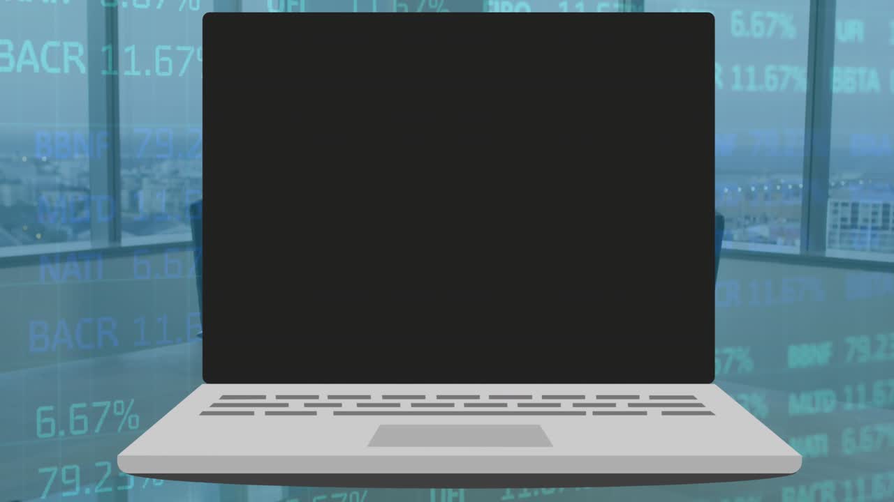 Animering av laptopikon och börsdatahantering över kontorskollegor som diskuterar på kontoret