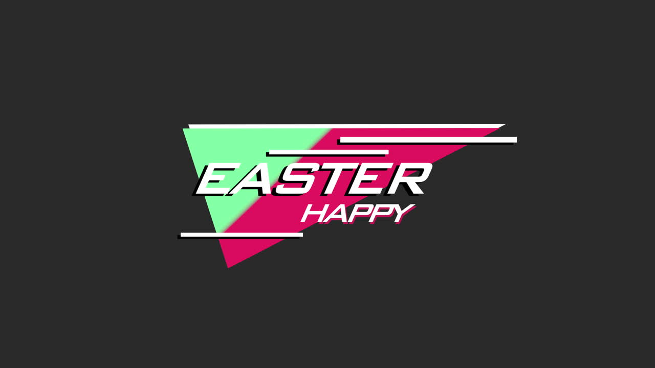 feliz logotipo de pascua triángulo colorido con letras en negrita en tonos divertidos de verde, rosa y amarillo