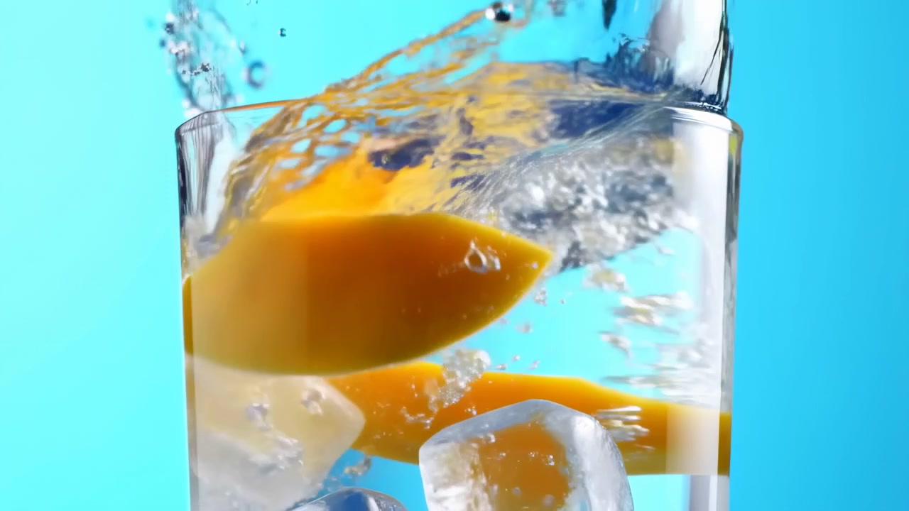 Frontal close-up of tall clear glass filled with water and large ice cubes, captured at rim level against vivid cyan backdrop