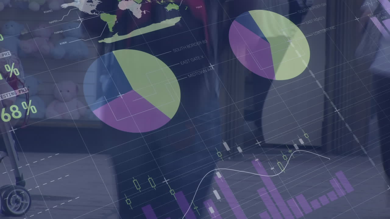 animación de estadísticas y procesamiento de datos sobre una concurrida calle de la ciudad