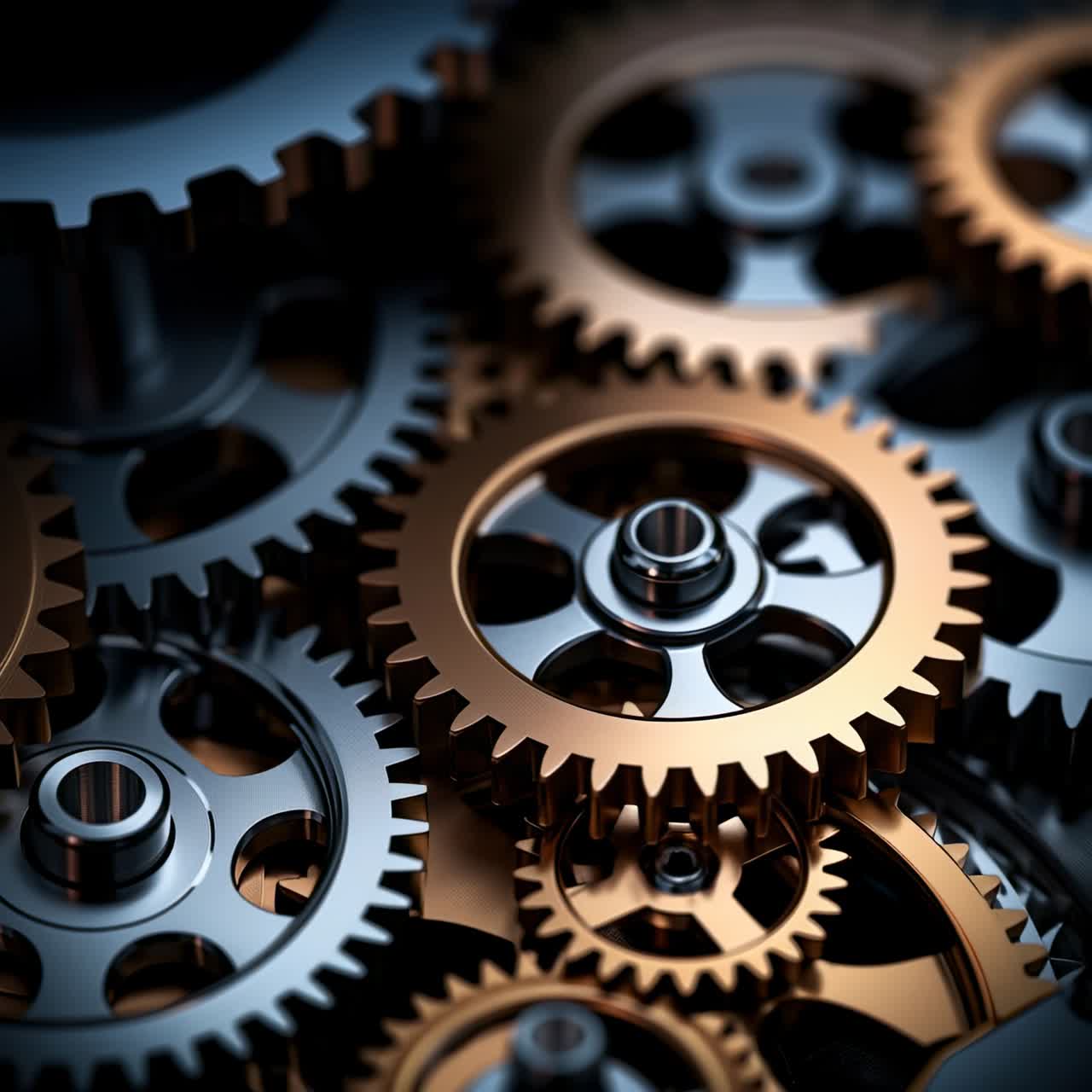 Close-up video shot of interlocking metallic gears in bronze and steel, showcasing intricate
