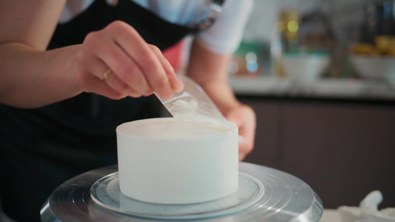Close-up of hands smoothing white fondant on a cake. Person focuses carefully, ensuring smooth surface. Professional cake decorating scene with clean tools. Ideal for culinary, baking