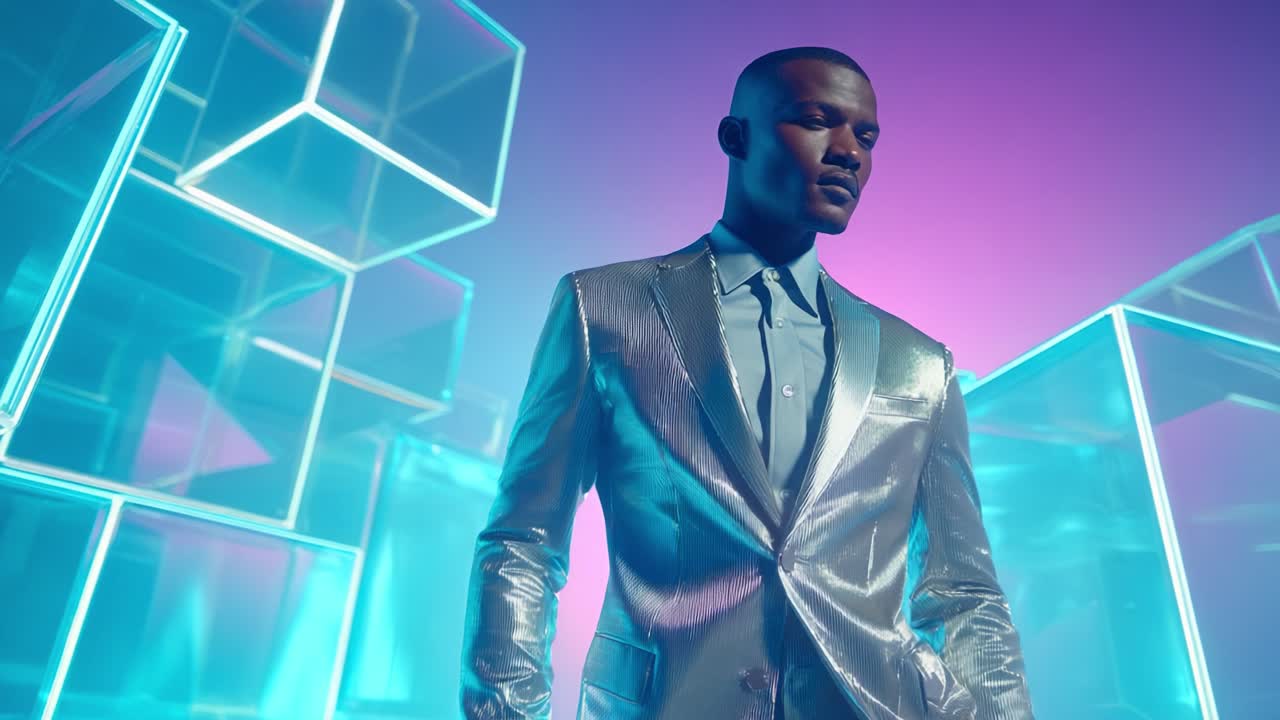 A confident male figure in a stylish silver suit stands against a backdrop of illuminated geometric shapes, striking a contemplative pose that captures the essence of modern fashion and elegance