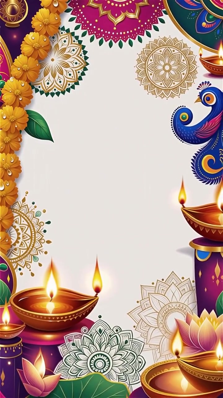 Sfondo Diwali con Diyas luminosi, Rangoli e fiori di loto
