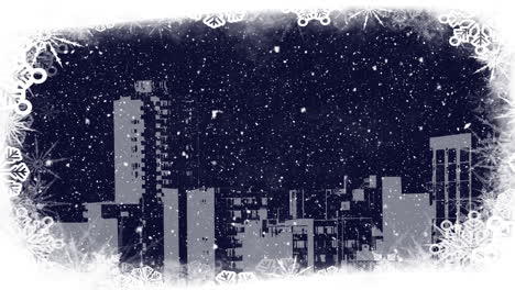 animation of white christmas snow falling over modern buildings and night sky with snowflake border