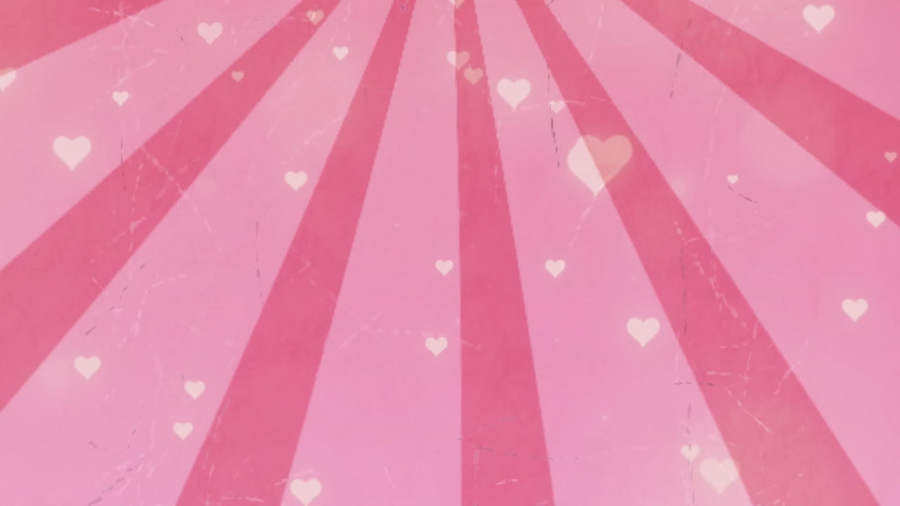 Animazione di cuori e punti luminosi di luce su sfondo rosa a strisce