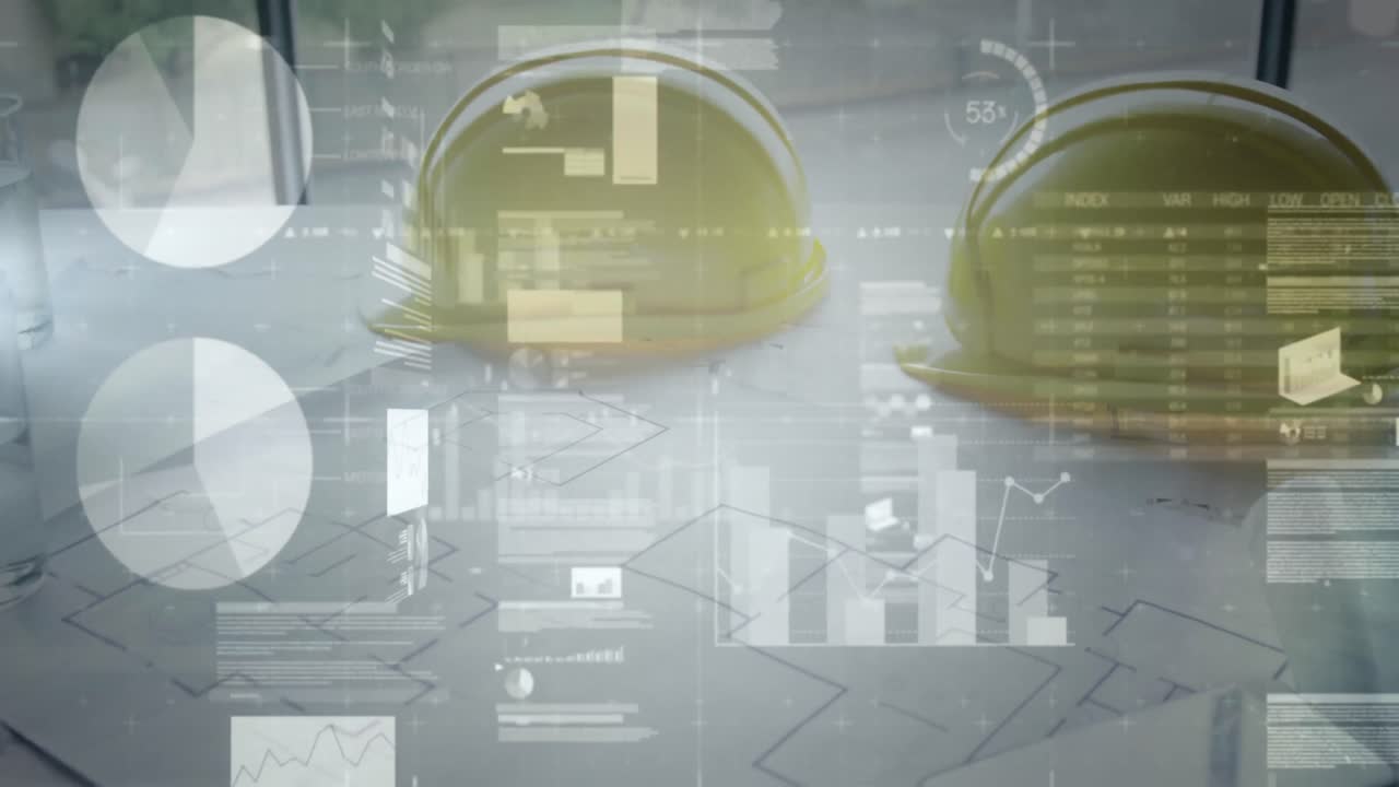 Animation of statistics and financial data processing over architects plans and hard hats
