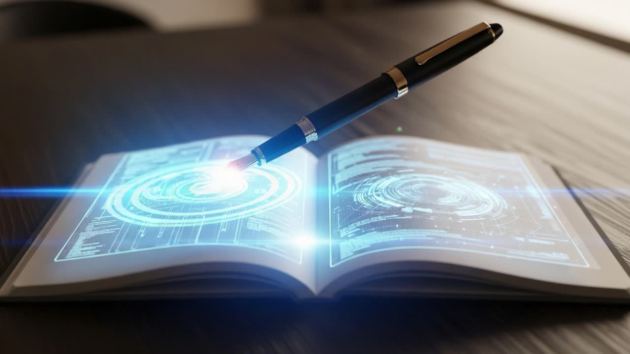 Innovative Technology Unfolding: A Futuristic Pen Interacts with an Open Book Displaying Dynamic Holographic Data Patterns in a Modern Workspace Setting