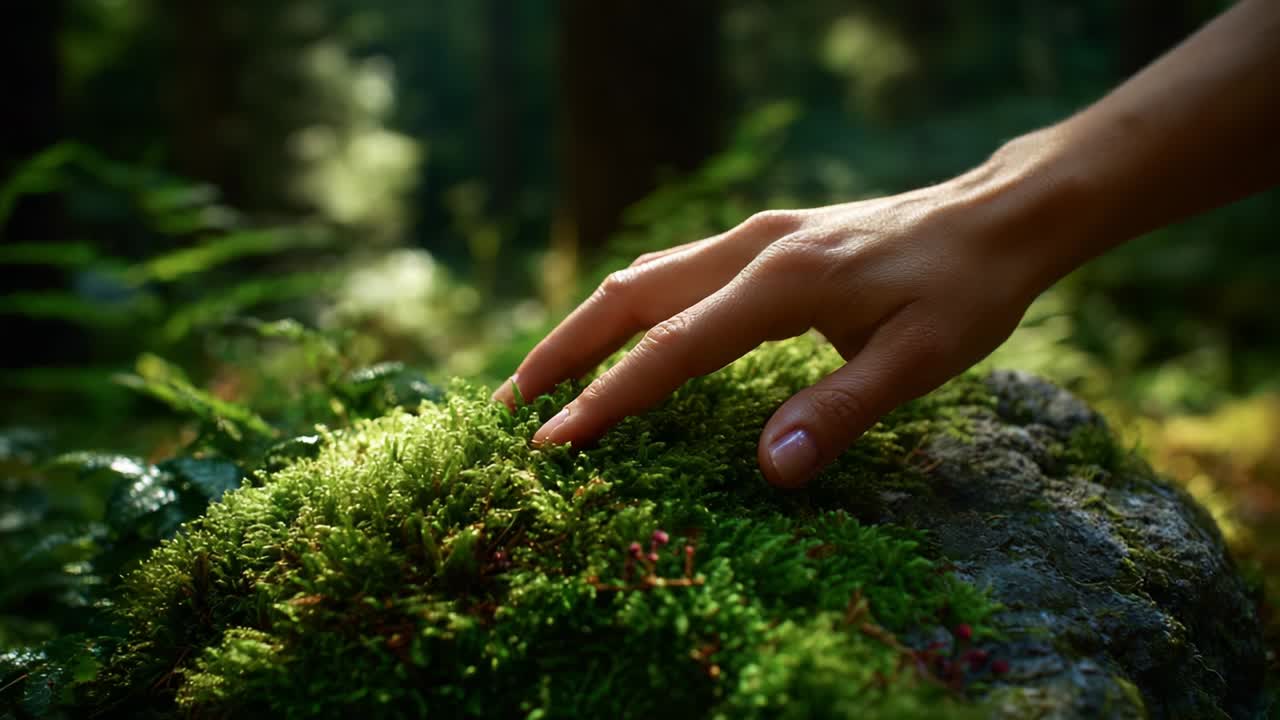 A Serene Exploration of Nature: The Gentle Touch of a Hand on Lush Green Moss in a Tranquil Forest Setting, Highlighting the Beauty of Flora and the Connection Between Humanity and Nature