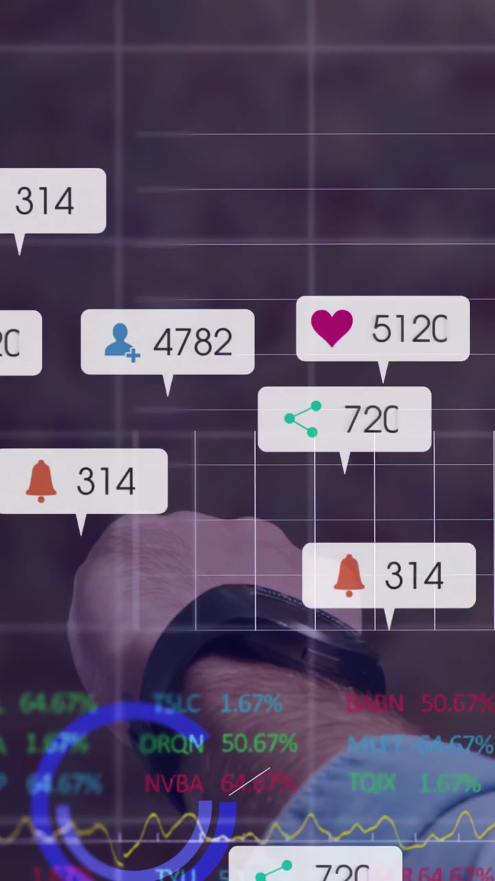 Vertikal video: Mand bevæger håndled, hvilket får finans-AR til at vise en stigende graf og ikoner for analyse.
