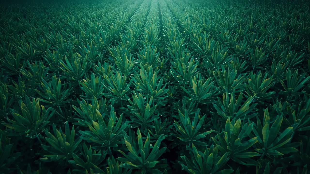 農地の上空を飛行するカメラが進みながら、作物のキャノピーを捉え、葉の質感と土壌の隙間を映し出します。