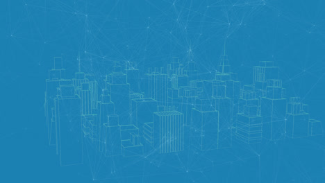 Animation-of-network-of-connections-over-3d-cityscape-spinning-on-blue-background